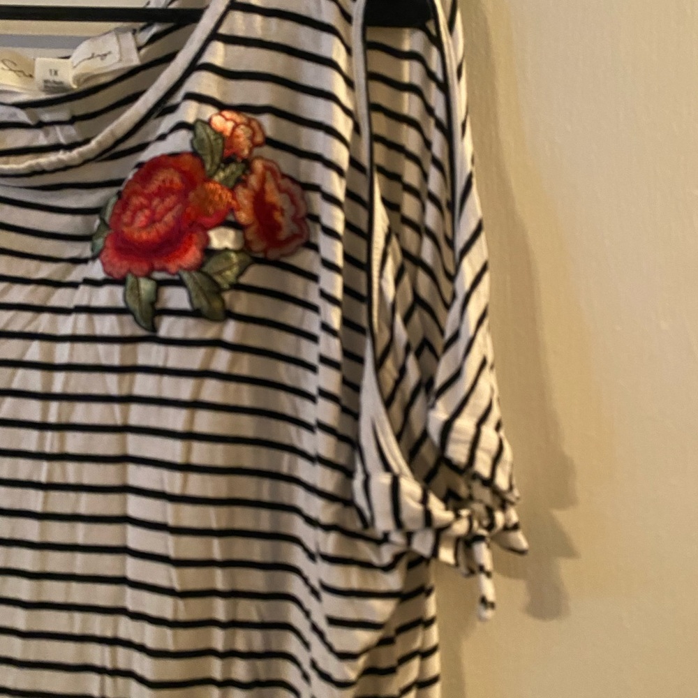 French Laundry Black & White Striped Tee with Red Floral Patch